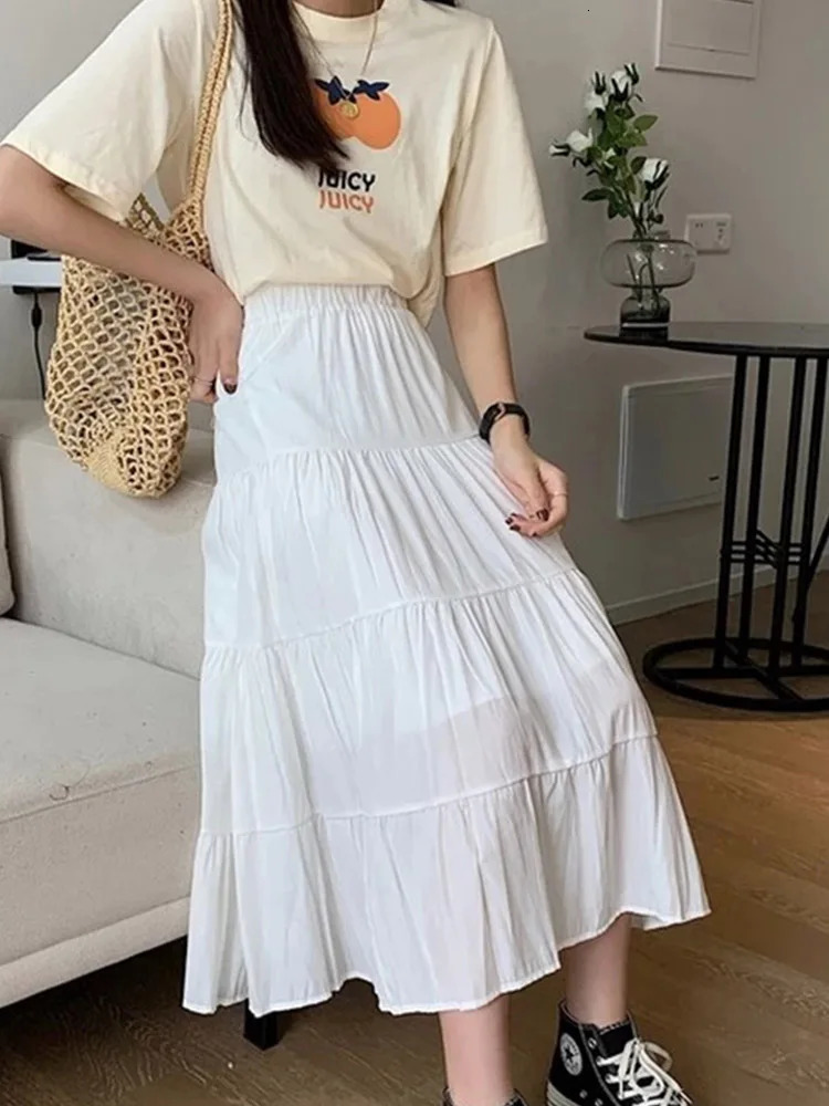 Spring Summer Women Chiffon Skirts Vintage High Waist Elastic Patchwork White Black Chic Long Cake A-line Skirt for Student 250603