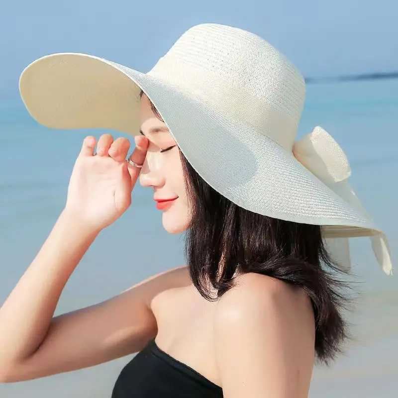Womens Fashionable Summer Outdoor Sunscreen Sunshade Straw Hat Bowtie Beach Sun Hat Cool Breathable Sun Hat Straw Cap Street W250602
