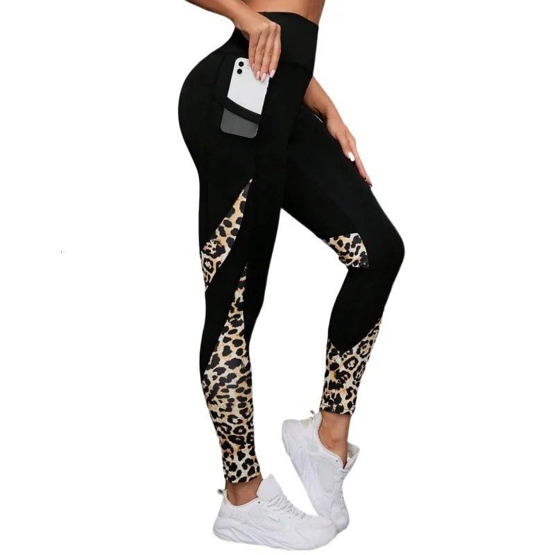 Women Printed Yoga Leggings Leopard Splicing Together Leggings High Waist Butt Lift Fashion Fitness with Pocket Legging 250603