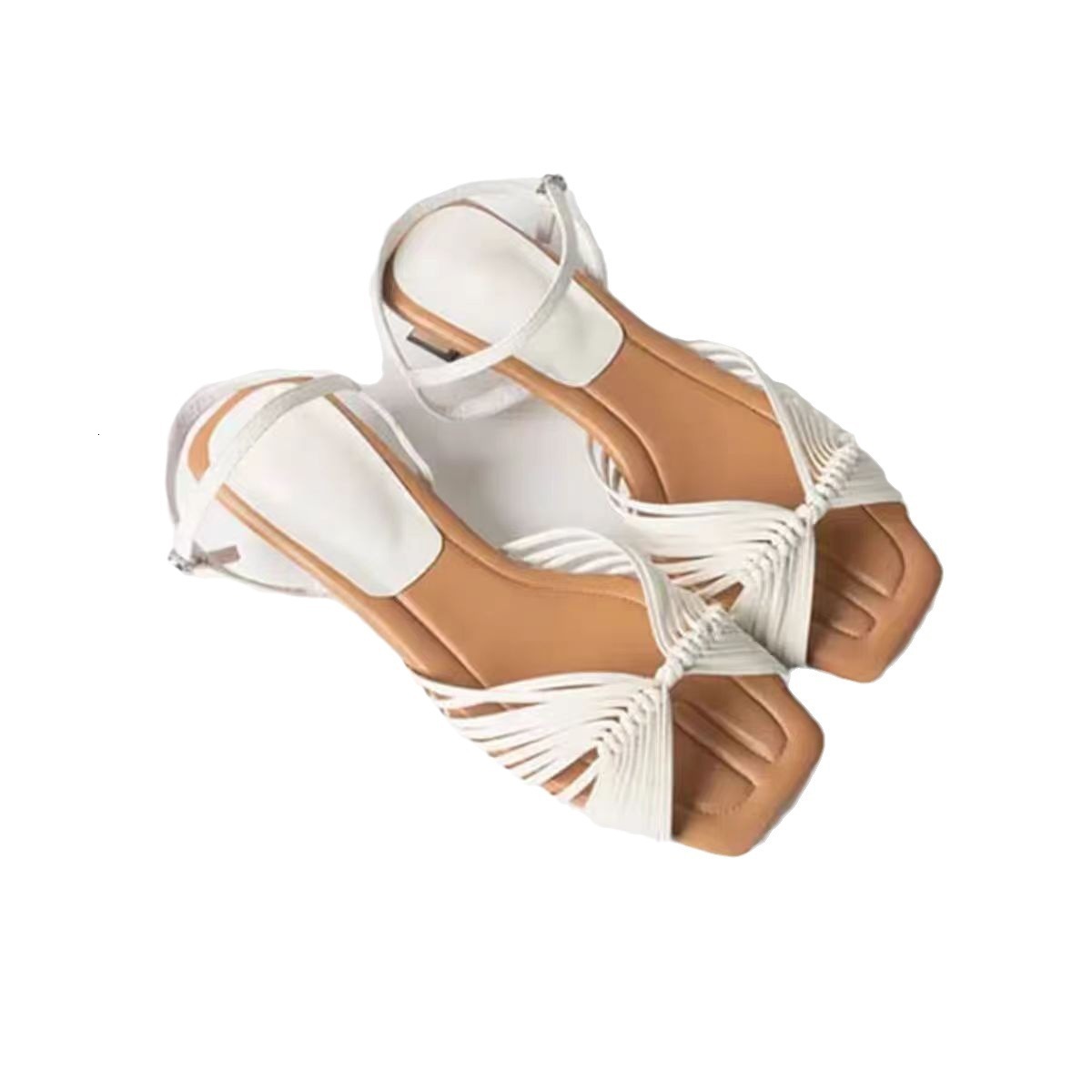 Very Soft Cushioning French Style Kitten Heels 2024 Summer Mid-Heel Square Toe Open-Toe Woven Thin Strap One-Word Buckle Sandals for Women ddmythur