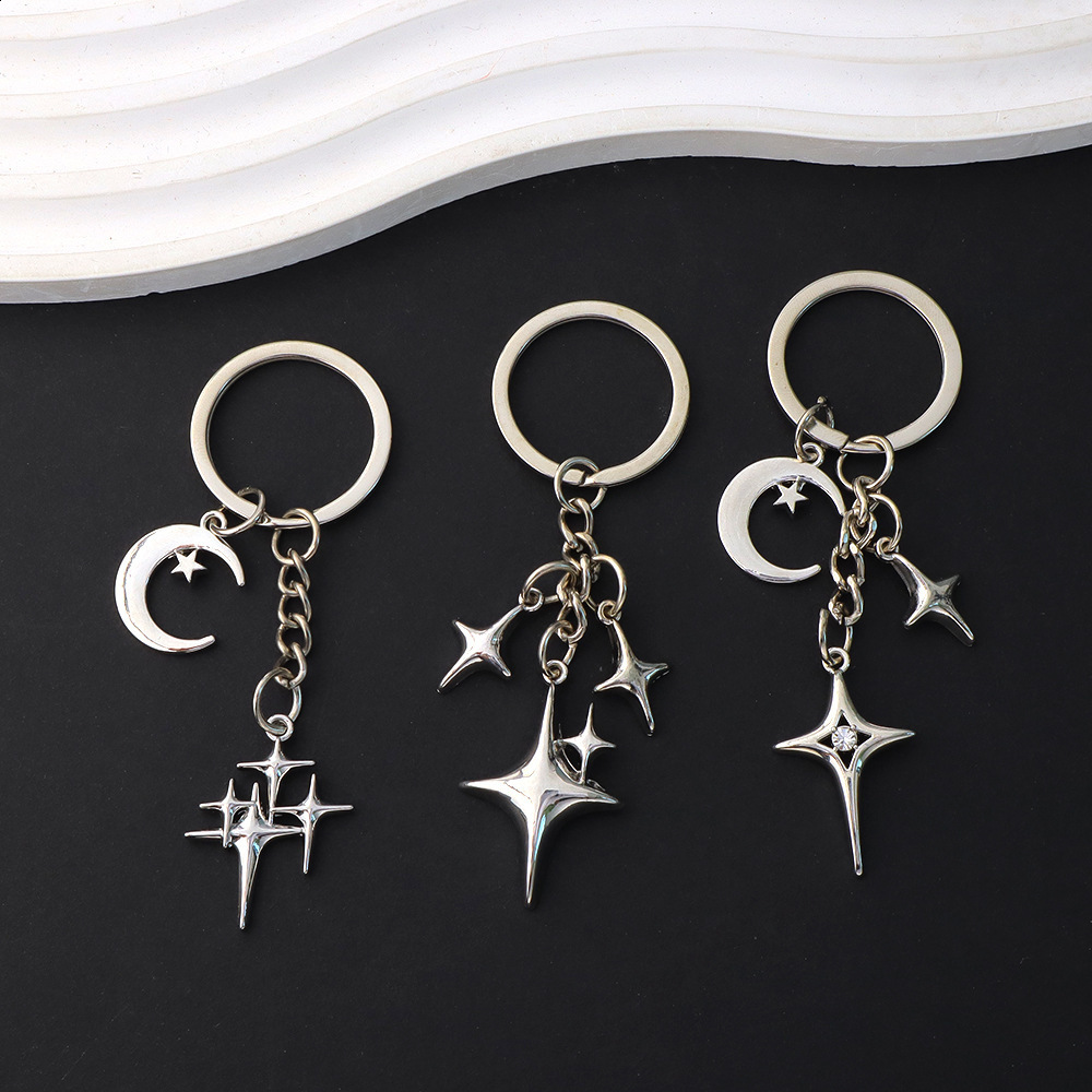 Creative Moon Star Pendant Keychain Lucky Four-Pointed Star Tassel Key Ring Simple Bag Charm for Women 250408