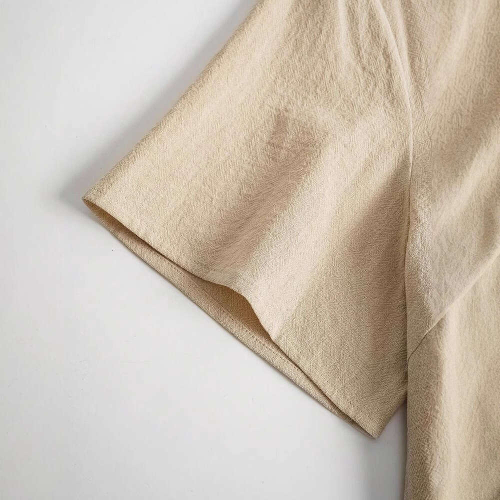 Spring Summer Loose Pocket Solid Color Round Neck Women's Cotton Linen Dress B5 b6