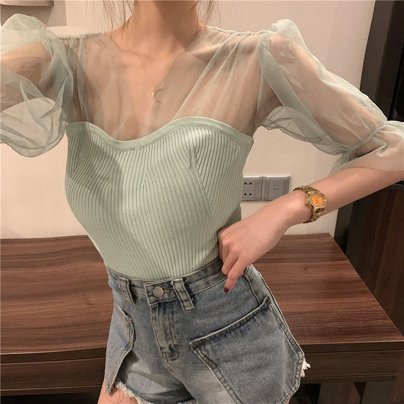 2025 Spring Summer New Women's T-shirt Summer New Mesh Short Top Design Novelty Black V-neck Puff Sleeve Knitted Short Sleeve Solid Color Versati
