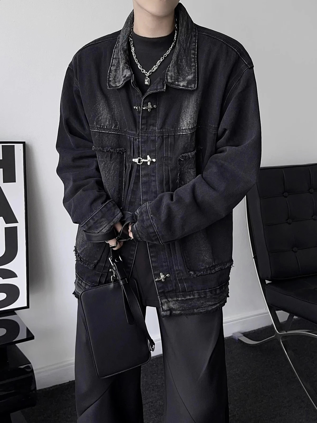REDDACHIC 90s Mens Button Deconstructed Denim Bomber Jacket Frayed Oversize Coat Distressed Black Hip Hop Street Autumn Outerwear 250529