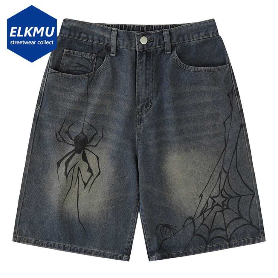 Y2K Blue Denim Shorts Spider Cobweb Printed Summer Loose Casual Jeans Shorts Fashion Harajuku Hip Hop Streetwear Shorts for Men T250603