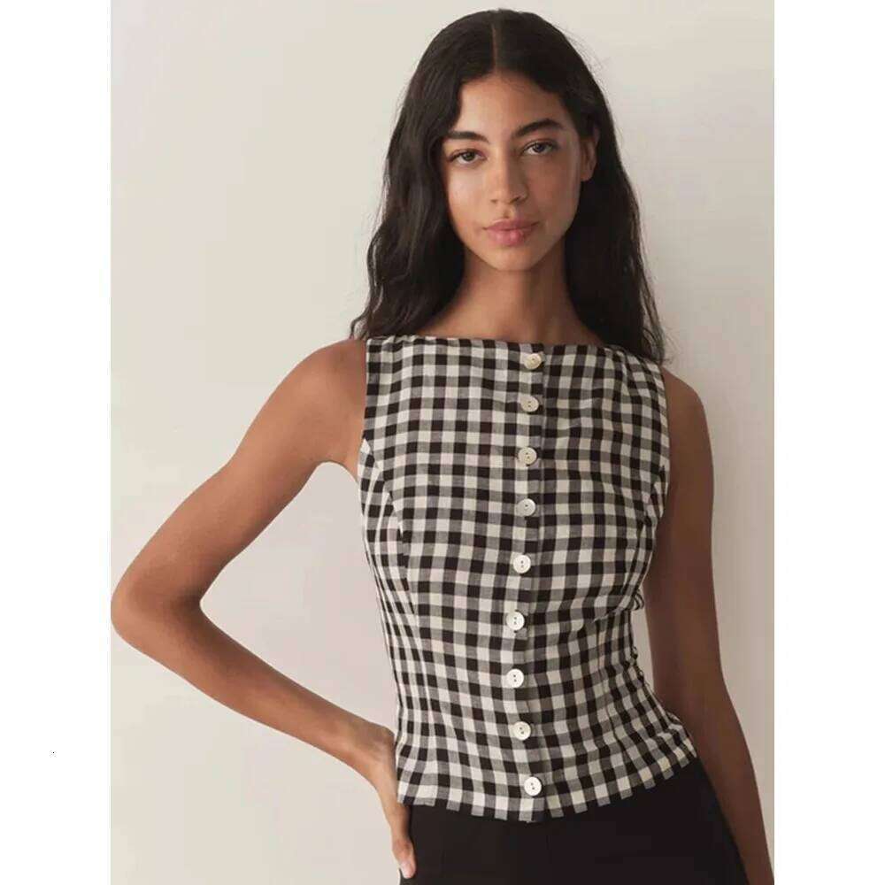 French Retro Atmosphere Plaid Versatile Slim Holiday Style Vest Top