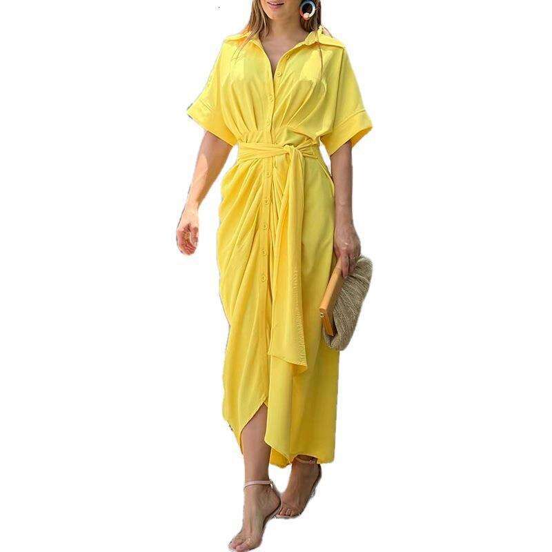 Summer Lace Up Waist Cinching Short Sleeved Single Breasted Solid Color Shirt European and American Dress Women's 2025 New Casual Fashion Trend C