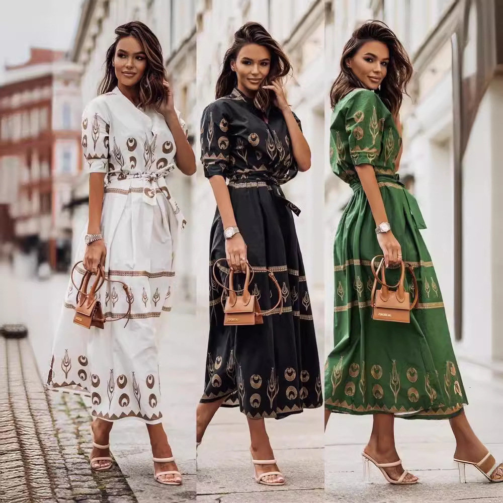 women's wear New Spring Autumn 2023 Women's Printed Tie Waist Dress