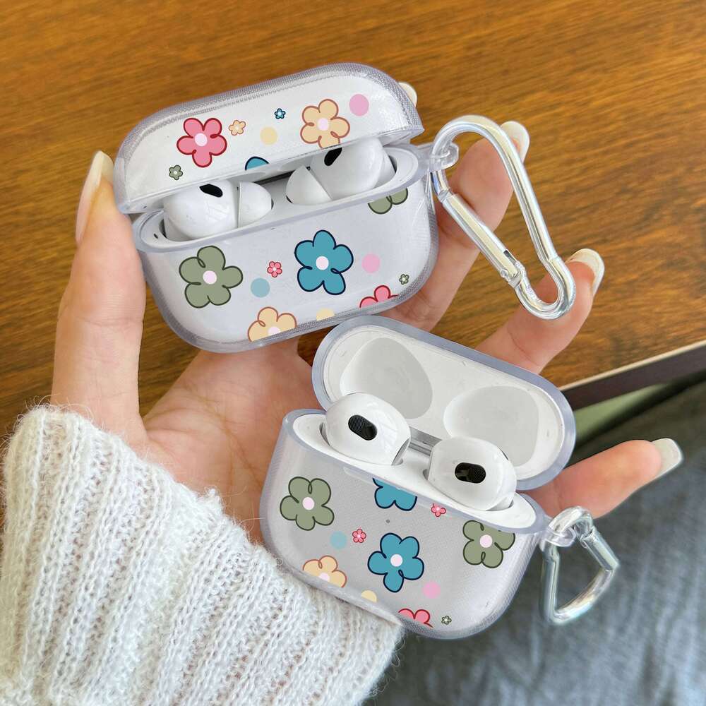Cartoon Flower Silicone Pro/Pro2 Clear TPU Case For 3/4 Wireless Earphone With Keychain Protector Cover