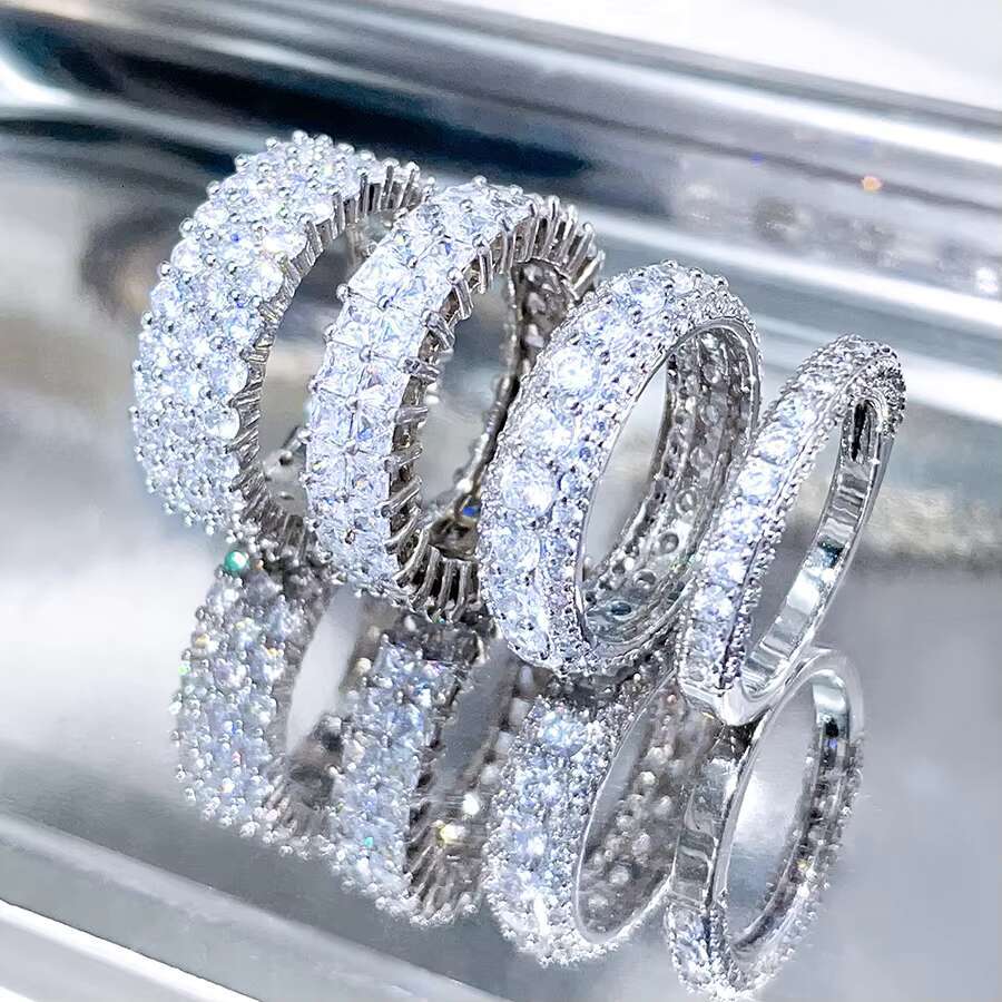 FOXI 3 Row Moissanite Diamond Eternity Band Ring Platinum Plated Hip Hop 925 Sterling Silver VVS Moissanite Diamond Fine Rings