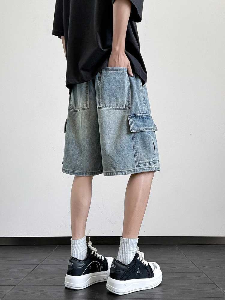 Summer Denim Shorts Men Korean Fashion Wide Leg Straight Jean Shorts Male Multi-Pocket Loose Fit Denim Cargo Shorts T250603
