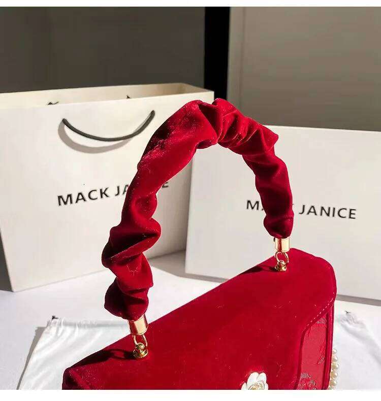 Autumn Veet Square Women Handbag Sexy Red Pearl Beading Evening Wedding Party Clutch Purse Shoulder Crossbody Bag
