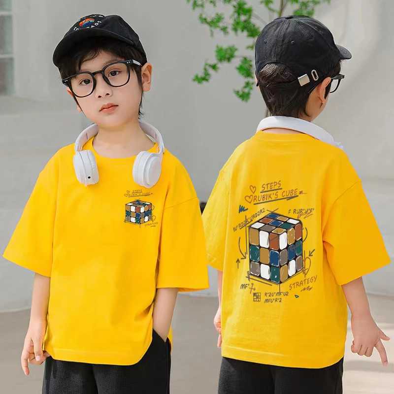 Korean Childrens Clothes 2025 Rubik Cube Graphic T Shirts Boys Summer 100% Cotton Short-sleeved T-shirt Tops Kids Clothes 7-13Y T250603