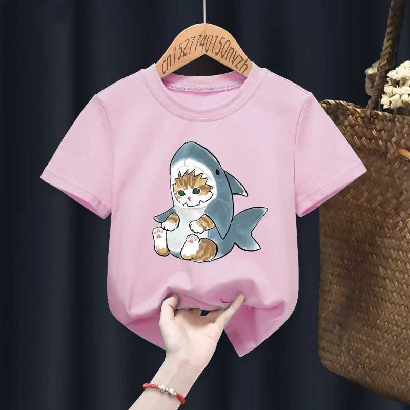 Cat Shark Funny Cute Print Casual Print Funny Boy Girl T-shirts Kid Children Manga Gift Present Black Harajuku Clothing T250603