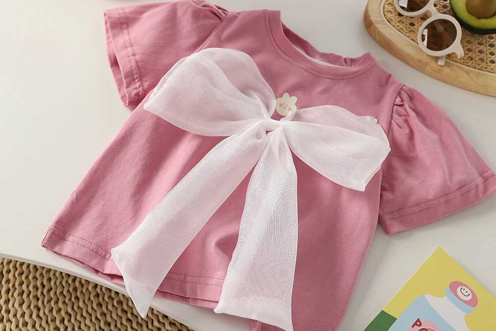 Girls T-Shirts 2023 Rabbit Print With Bow Puffed Sleeves Kids Clothes Girls T-Shirts Children Tops T-shirt For 2-6 years T250603
