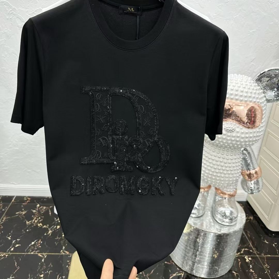 2025 summer new unisex T-shirt summer new European style personalized sequin letter jacquard men's round neck short sleeved T-shirt suitable for 