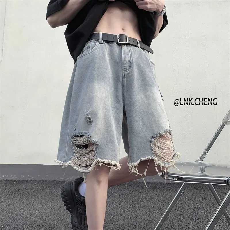 Mens Loose Wide-leg Retro Beggar Five-point Ripped Denim Shorts T250603