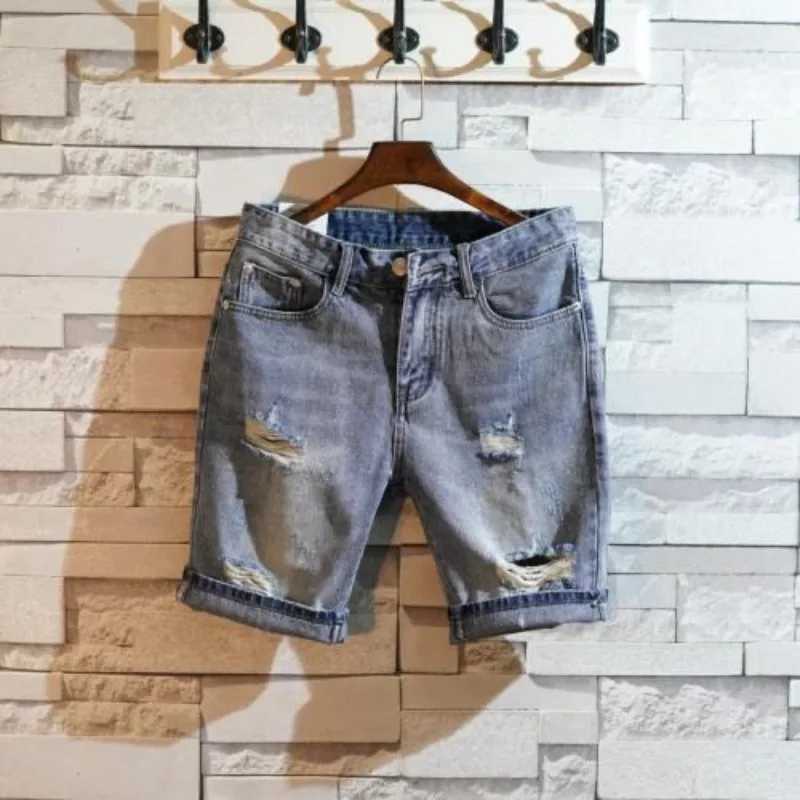 Short Jeans Pants for Men Blue Slim Ripped Mens Denim Shorts Original Streetwear Summer Stretch Korean Fashion Distressed RetroT250603