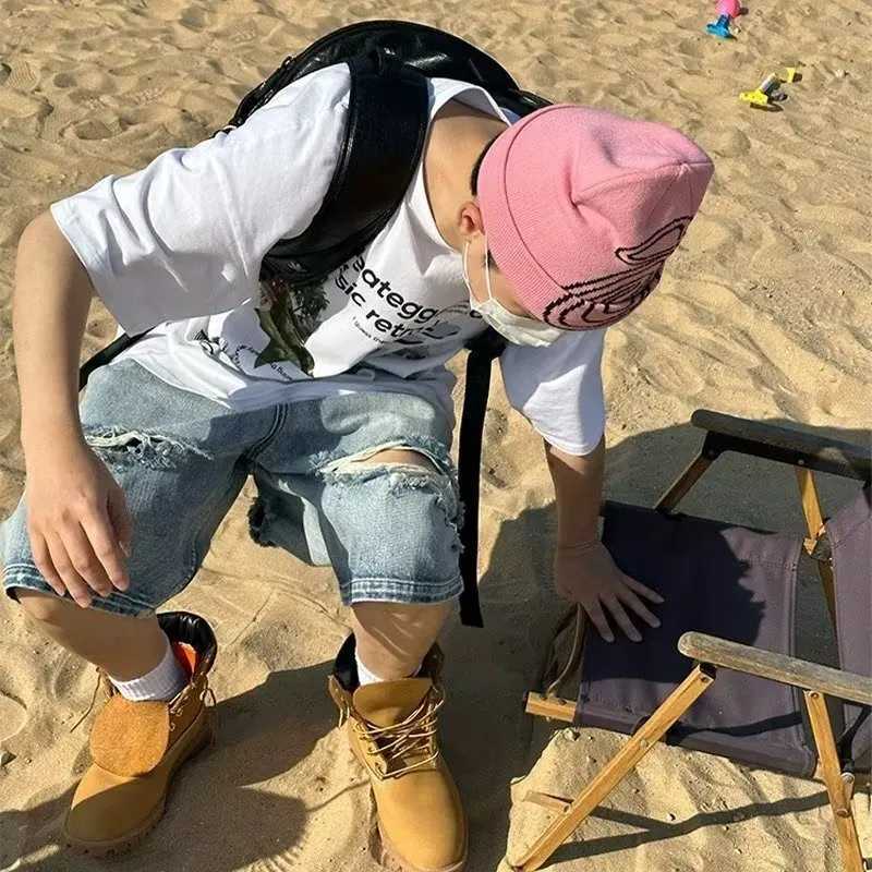 American Fashion Mens Wide Leg Shorts Jeans Cool Five Quarter Shorts High Waist Knee Hole Washed Denim Jeans T250603