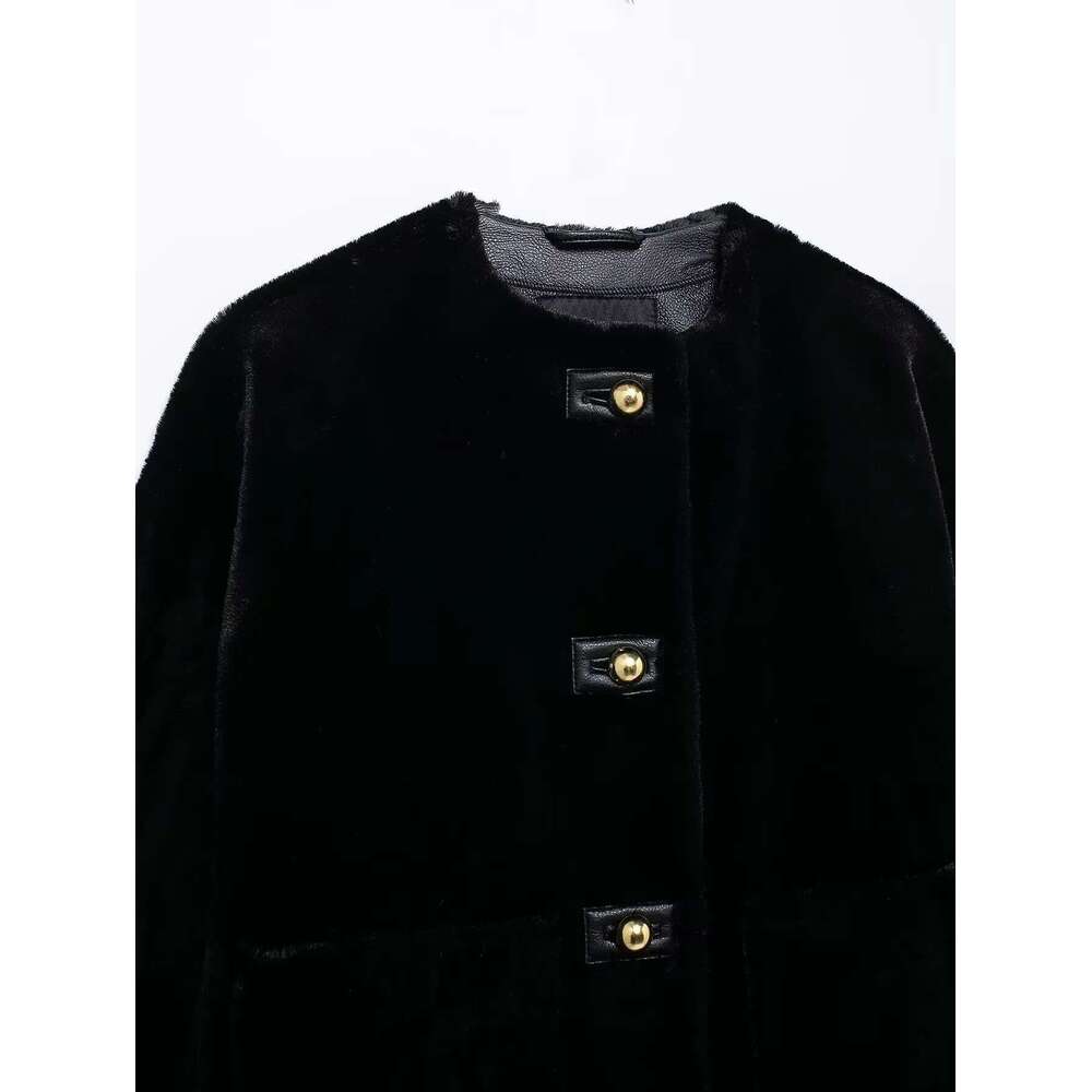 TRAF Women 2024 Winter New Fashion Lazy Faux Fur Jacket Coat Chic Button Style All Match Round Neck Top Outerwear Mujer