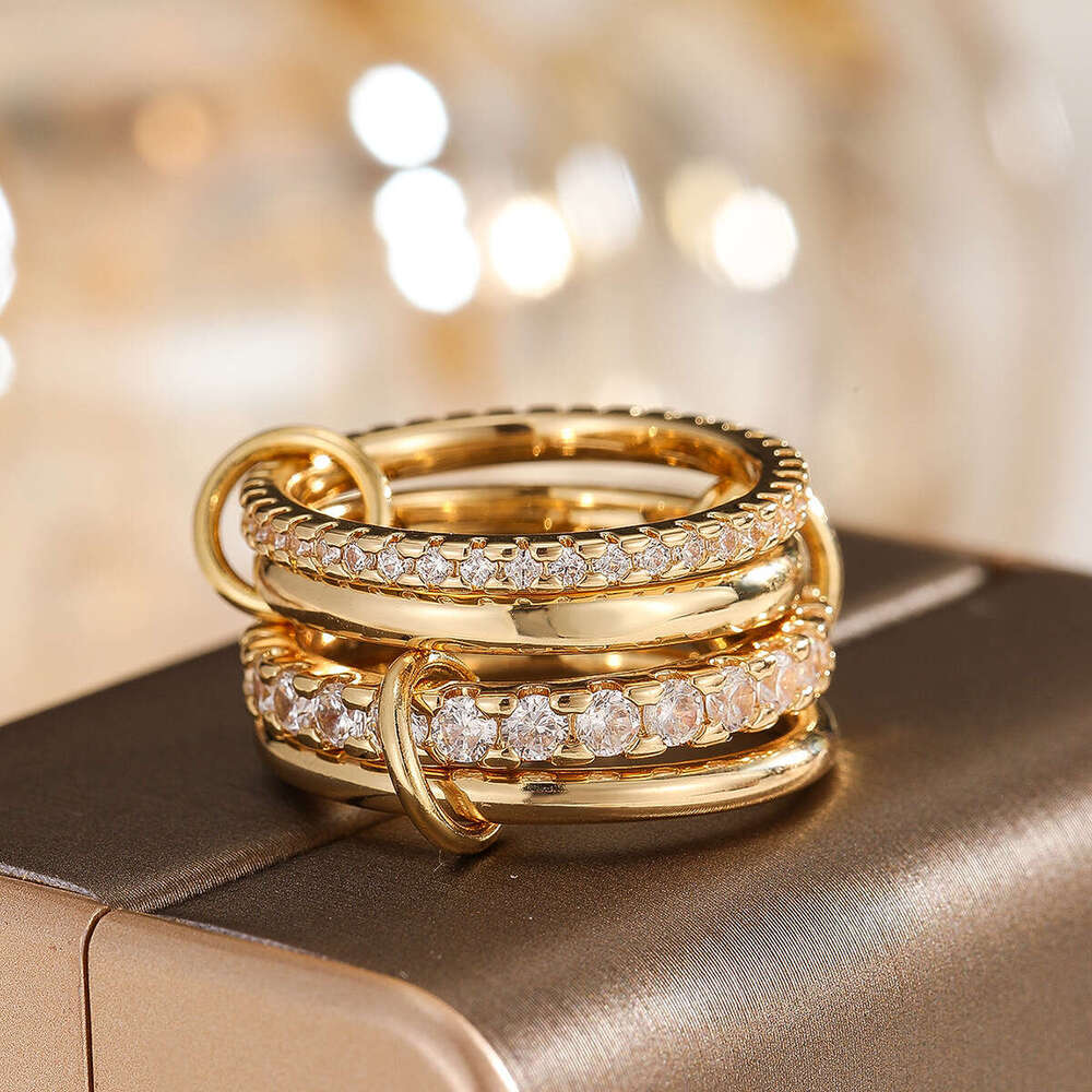 Copper + Zircon New 4 Circle Set Versatile Creative Personality Niche Design Women's Ring