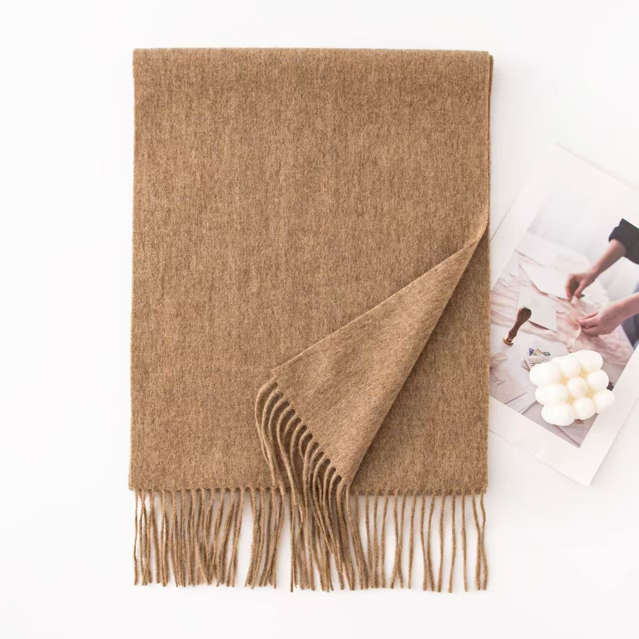 T876 solid color 100% wool scarf for women, high-grade spring and autumn, versatile and simple tassel shawl for men