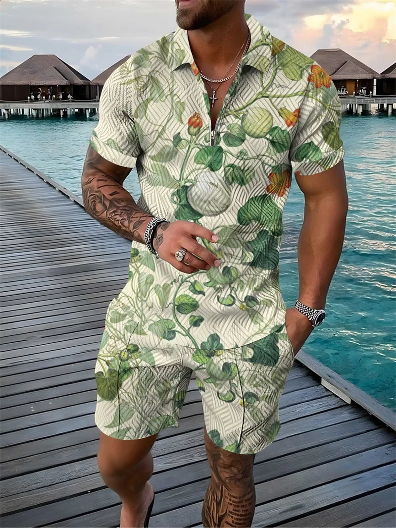 Flower 3D Print Polo Shirts Shorts Sets Mens Fashion Floral Oversized Short Sleeve Shirt Pants Set Suits Man Tracksuit Clothing 250530