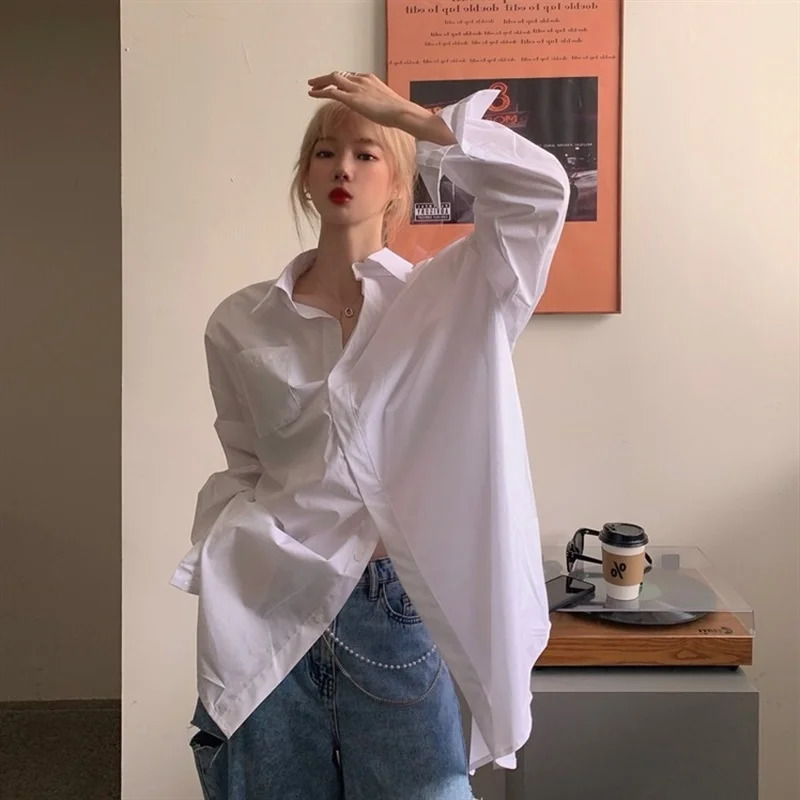 Back Lace Up White Shirts Women Camisas De Mujer Loose Lazy Two Wear Wild Blusas Moda Casual Top Simple 250603