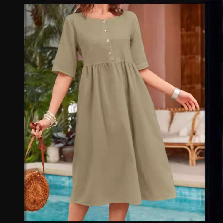 Spring Summer Cotton Linen Round Neck Loose Casual Solid Color Pocket Dress B5