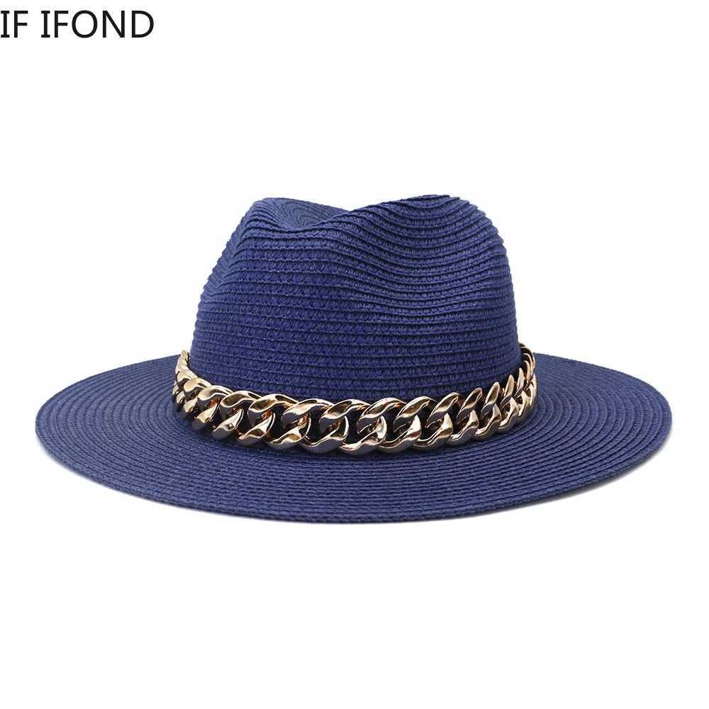 Fashion Gold Chain Belt Panama Straw Hats For Women Summer Breathable Beach Sun Hats Elegant Ladies Party Jazz Hat W250602