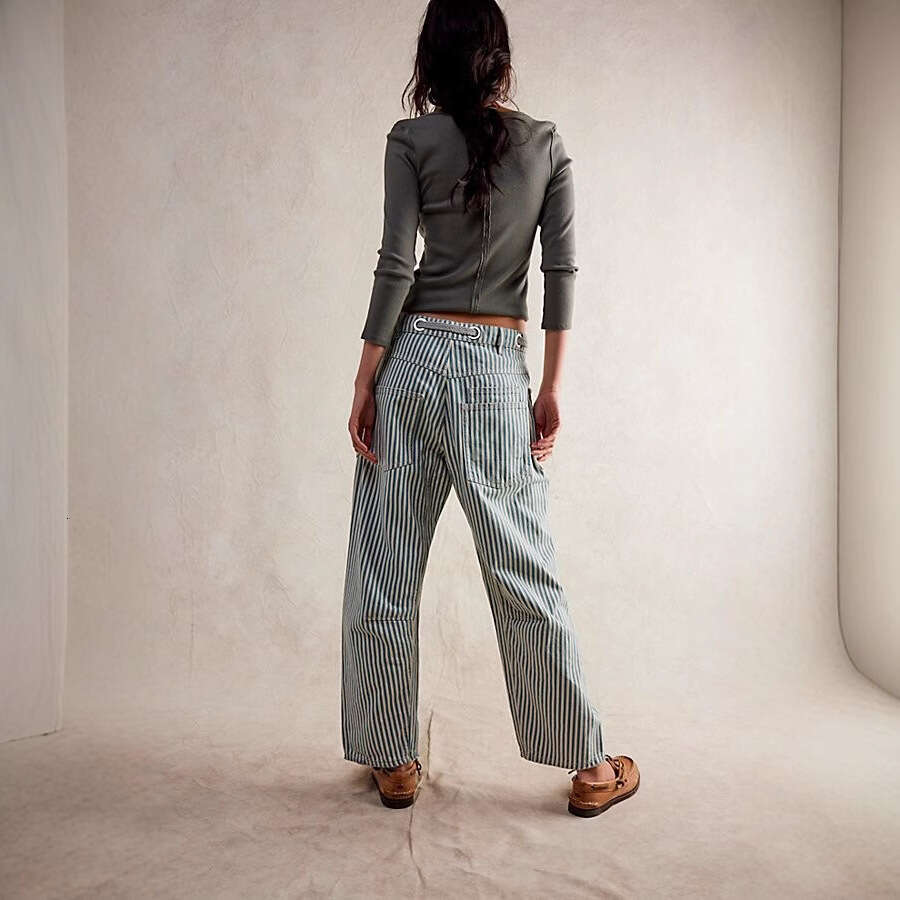 Mid-Waist Fashion Commuter Casual Loose Wide-Leg Striped Patchwork Drawstring Pocket Pants B5