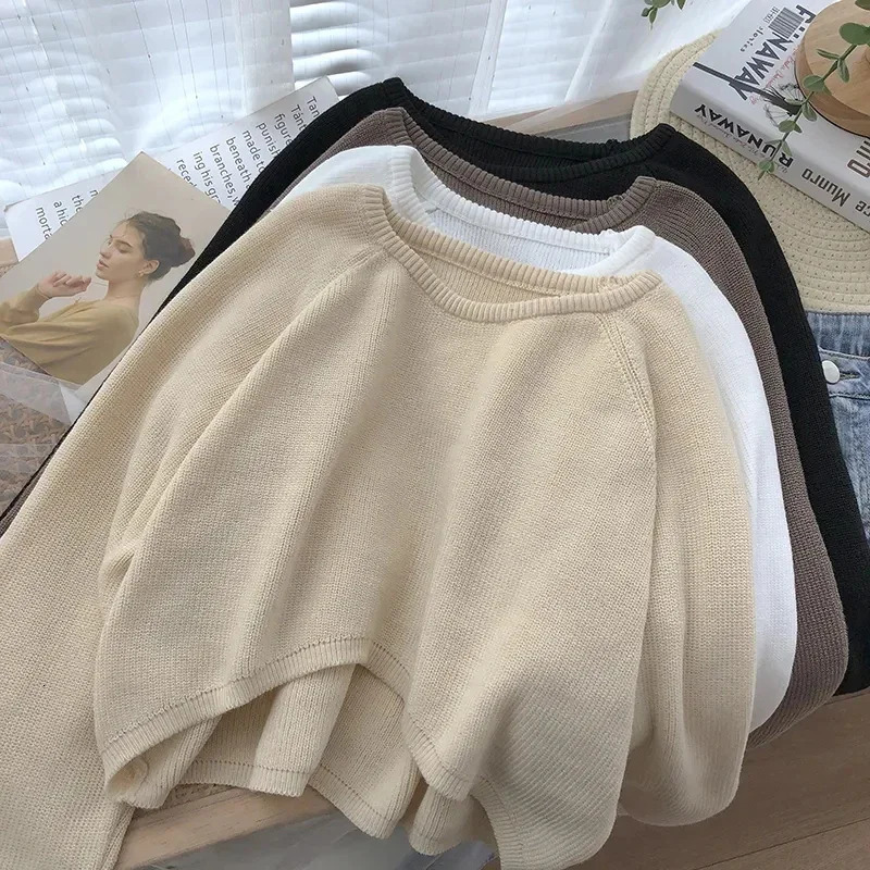 Xpqbb Women Cropped Sweater Jumpers Vintage Streetwear Knitting Pullovers Female Harajuku Simple Loose Casual Sweaters 250603