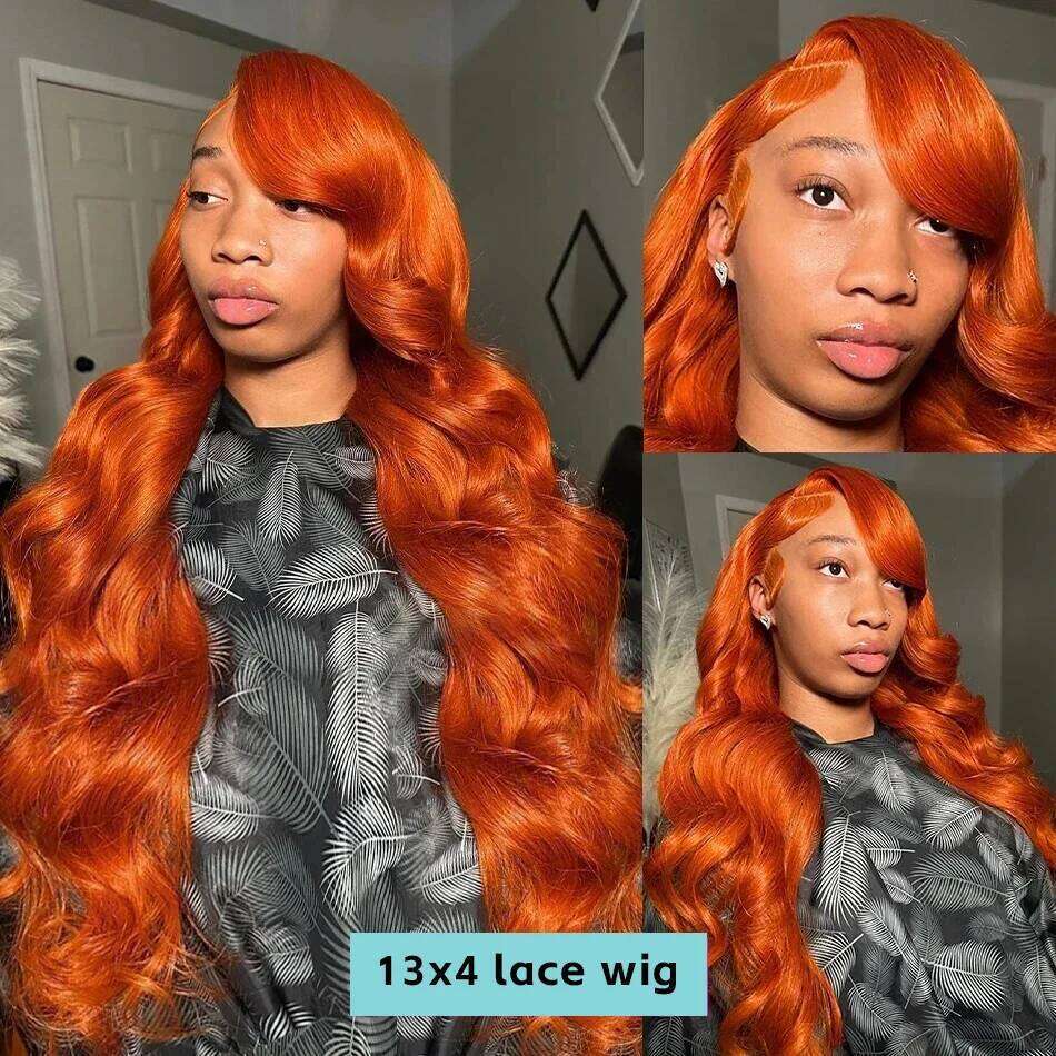 Neddie 13x6 Hd Frontal Orange Ginger Human Hair Wig Body Lace Front for Women Loose Wave Colored Wigs Brazilian