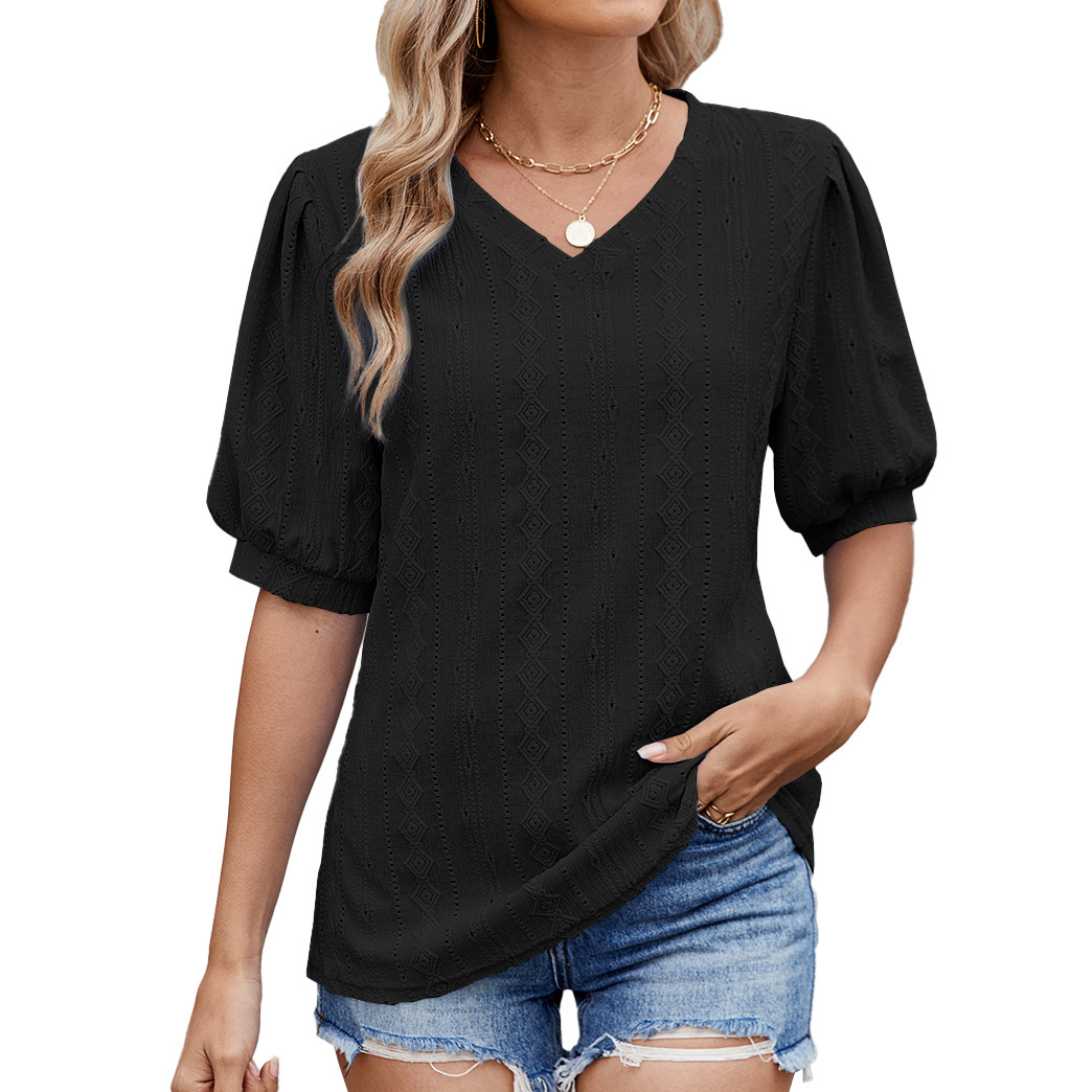 Luxury Designer Clothing Fashion Solid Color V-neck Hollow Fluffy Short Sleeved T-shirt Women's Top Designer T-shirt 2025 New Style
