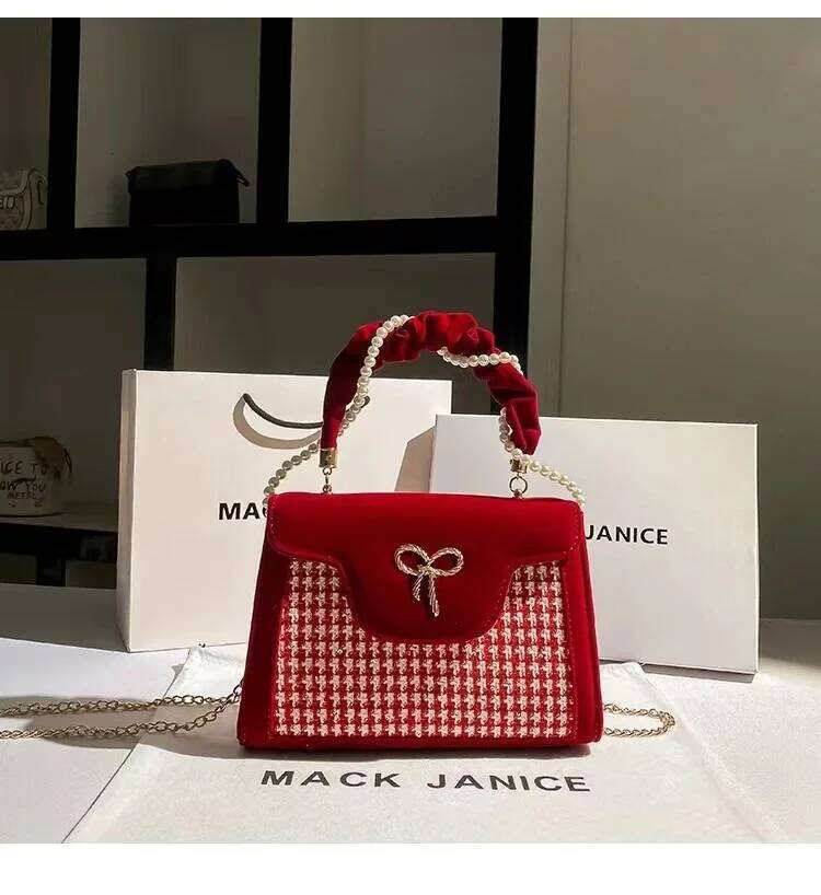 Veet Red Square Fashion Pearl Chain Women Handbag Lady Purse Shoulder Messenger Banquet Bride Wedding Bag