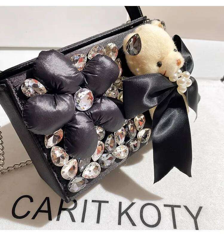 Crystal Shiny Rhinestones Dia Clutch Purse Satin Women Handbag Cute Bear Fashion Solid Floral Shoulder Crossbody Bag