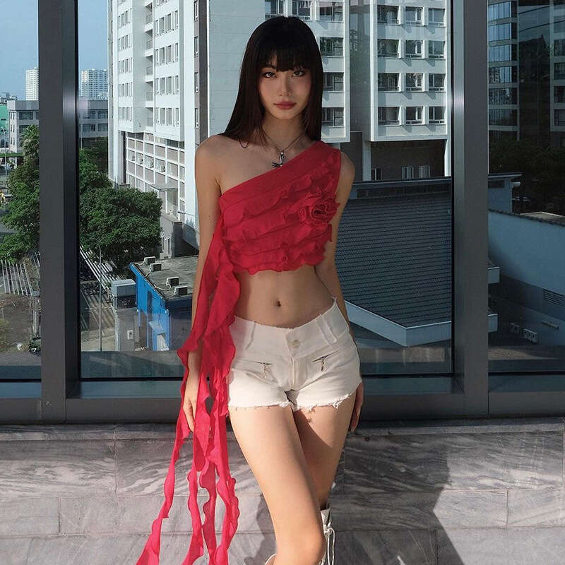 Spring Fashion Trend Women's New Asymmetric Shoulder Slim Fit Crop Ruffled Edge Solid Color Tank Top B5
