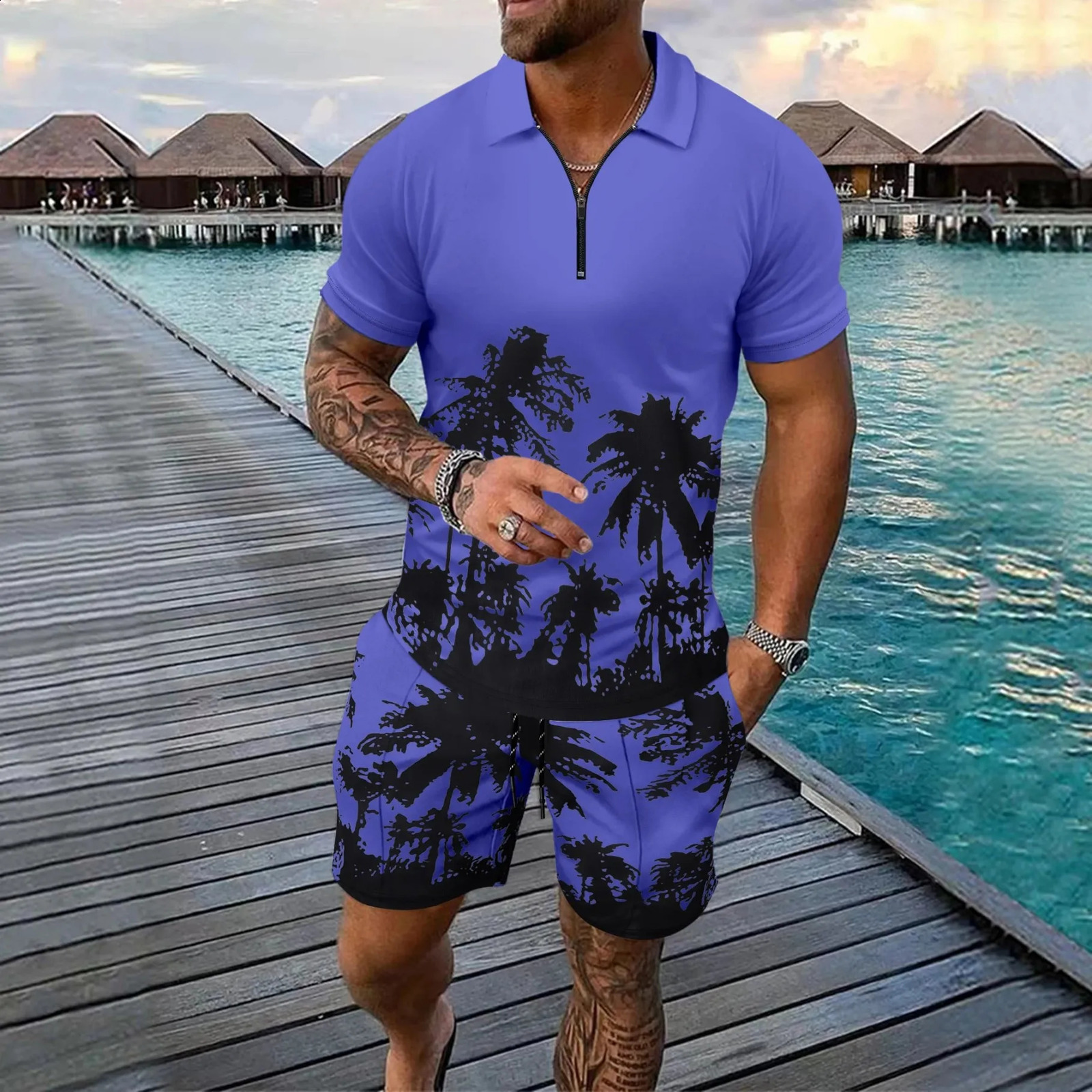 3D Coconut Tree Print Mens Short Sleeve Set Fashion Zipper Polo Shirt Hawaiian Shorts 2 Piece Outfit Summer Casual Loose Suit 250530