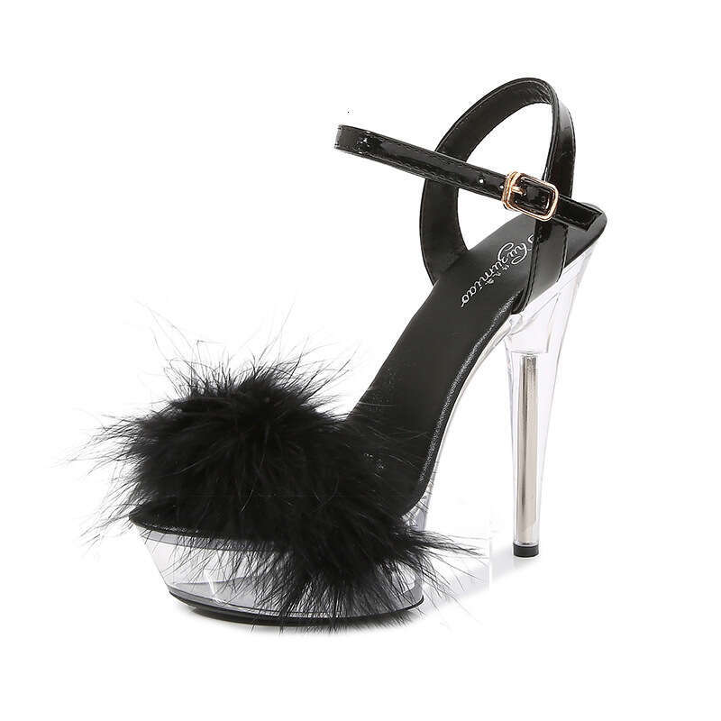 Super High Heels Transparent Crystal Women's Furry Nightclub Super High Sandals Waterproof Platform Catwalk Thin Heel 13Cm 15Cm Stage Shoes Platf