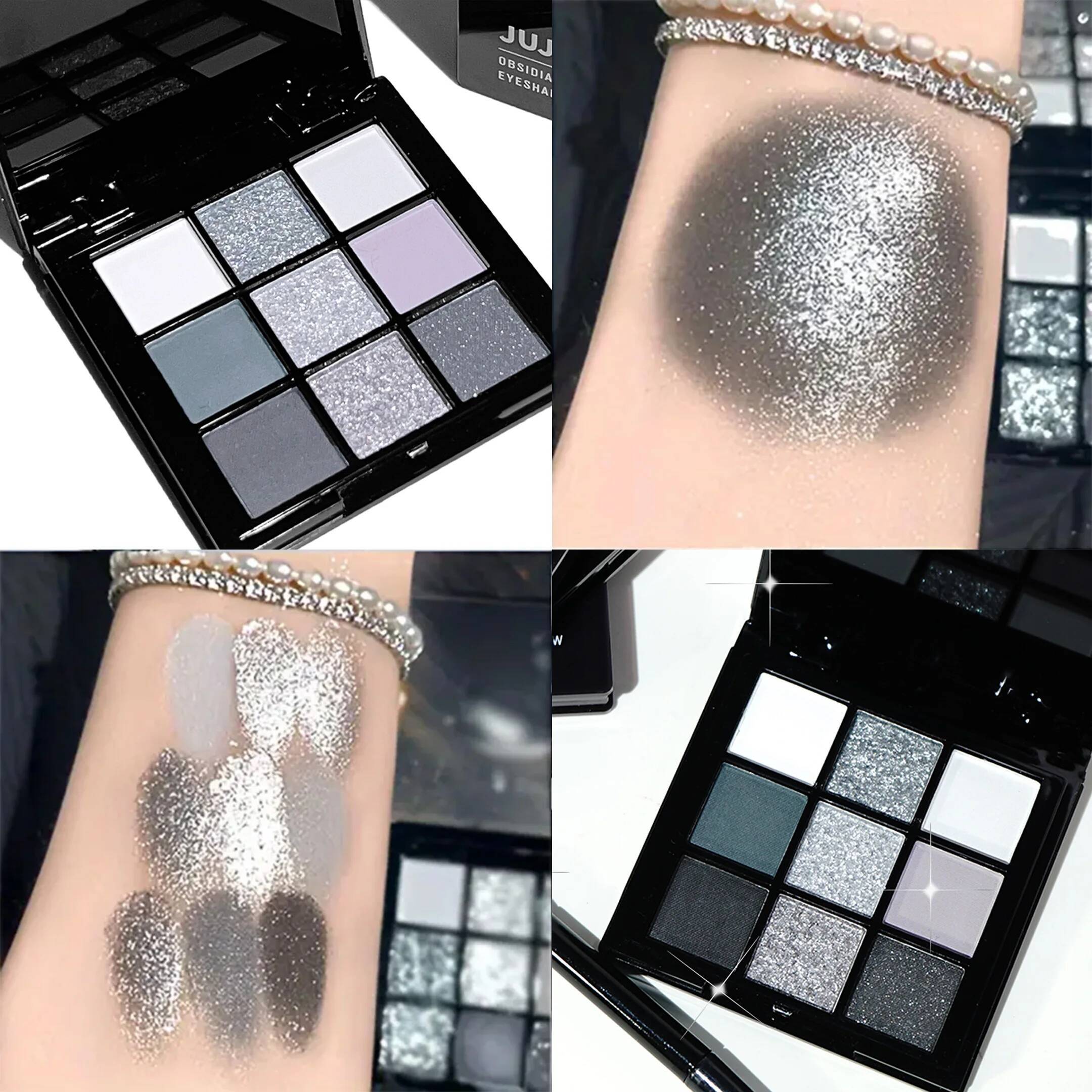 9-shade eyeshadow palette: Black Swan, Smoky, Dark Black, Grey Sier Glitter, Matte Finish, Long-lasting, and easy to color