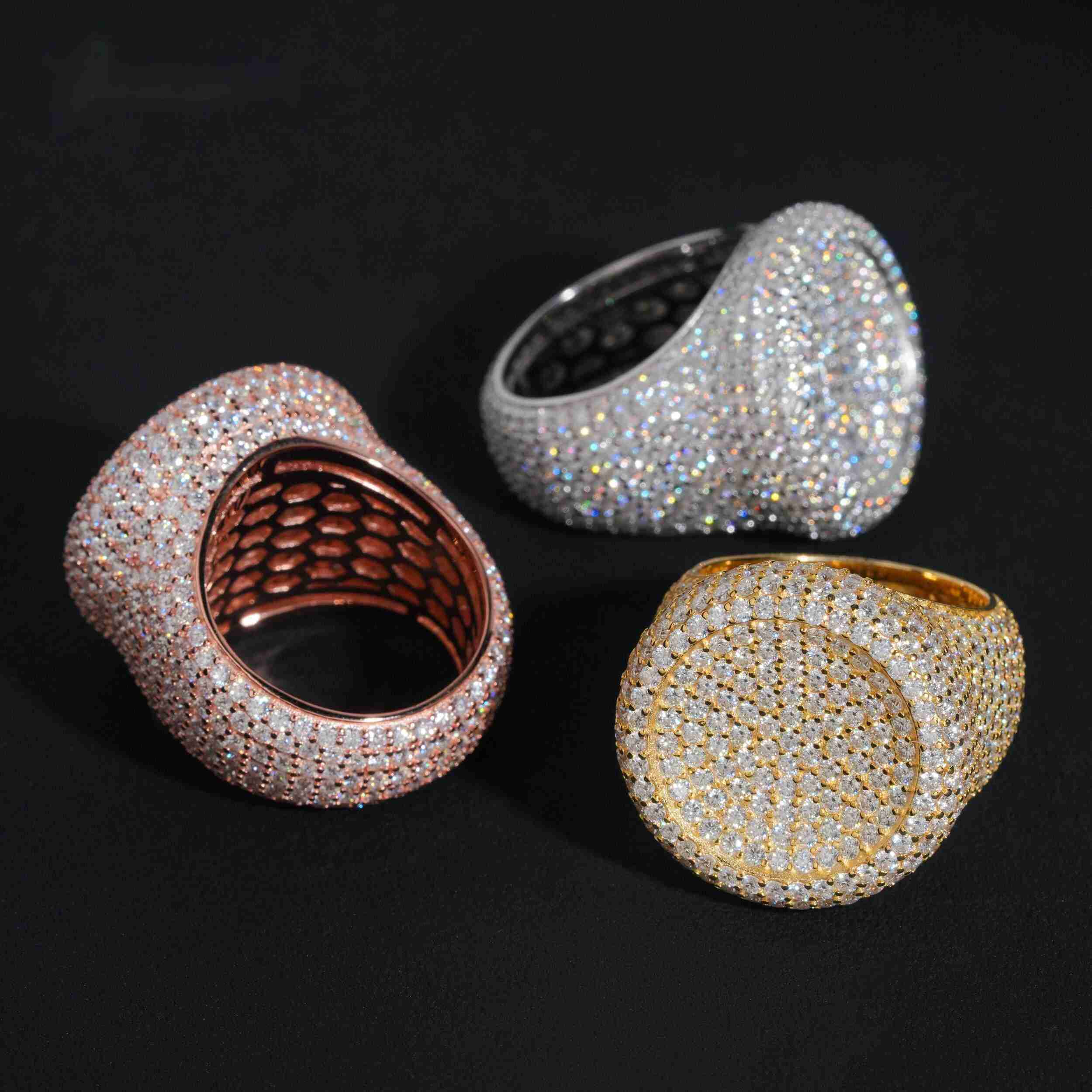 Hot Sale Round Shape Moissanite VVS Pass Diamond Test 925 Sliver Gold Plated Mens Moissanite Diamond Hip Hop Iced Out Rings