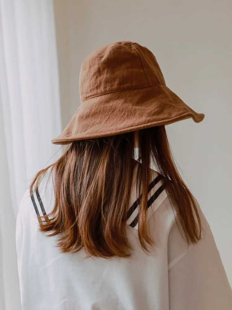 Wholesale 12cm Wide Brim Bucket Hat Women Outdoor Summer Foldable Big Brim Sun Hats Large 100% Cotton Panama Bob W250602
