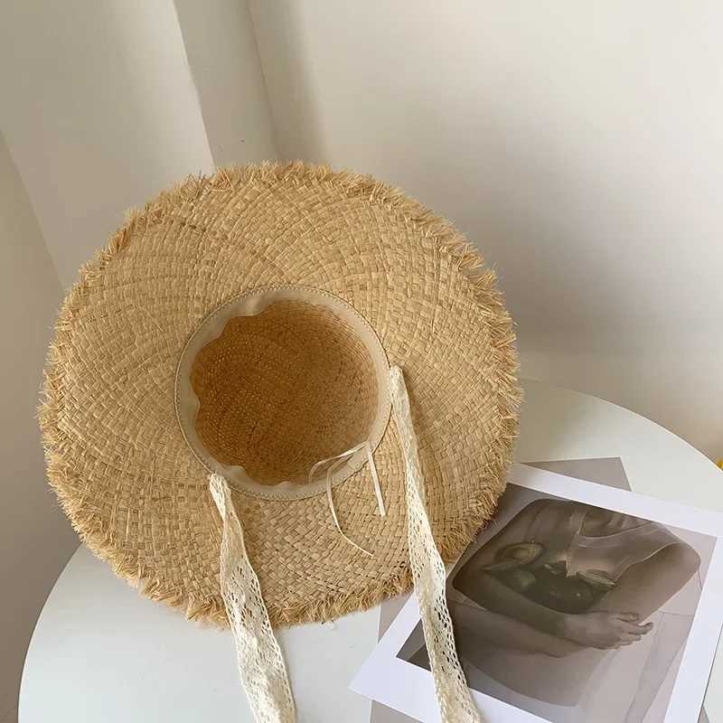 Sweet lace Straps Summer Straw Hat Handwoven Lafite Sun Hat Retro Travel Sunscreen Beach Vacation Hat for Adults Holidays W250602