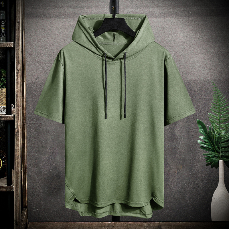 Men's Hoodies Solid Color Men's Hooded Short Sleeved T-Shirt Men's Summer Breathable Loose Hooded Sweatshirt Trendy Men's Thin Fit