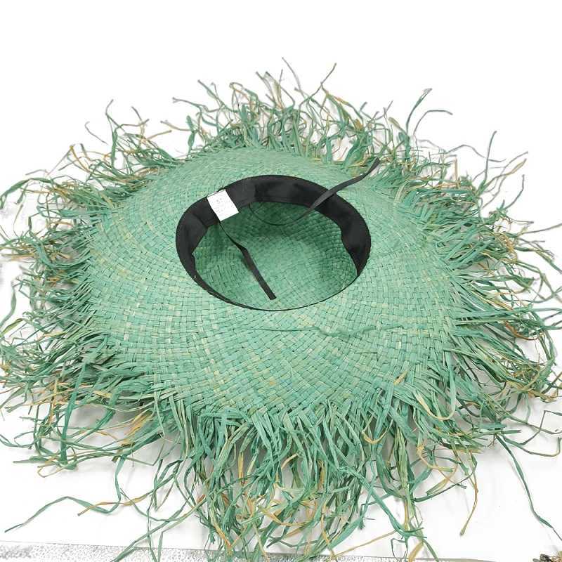 Fresh Green Wide Brim Hat Hand-Woven Tassel Straw Hat Ladies Fashion Sun Hat Natural Raffia Paper Straw Sun Hat Beach Summer Hat W250602