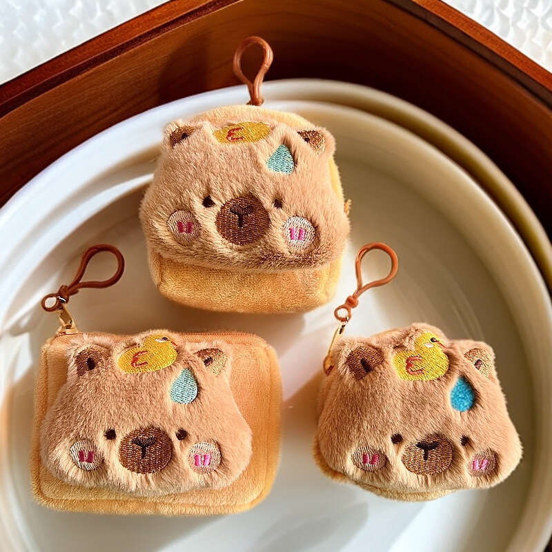 Cute Capybara Square Plush Coin Purse Mini Bag Storage Card Holder Round Shockproof Bluetooth Earphone Case
