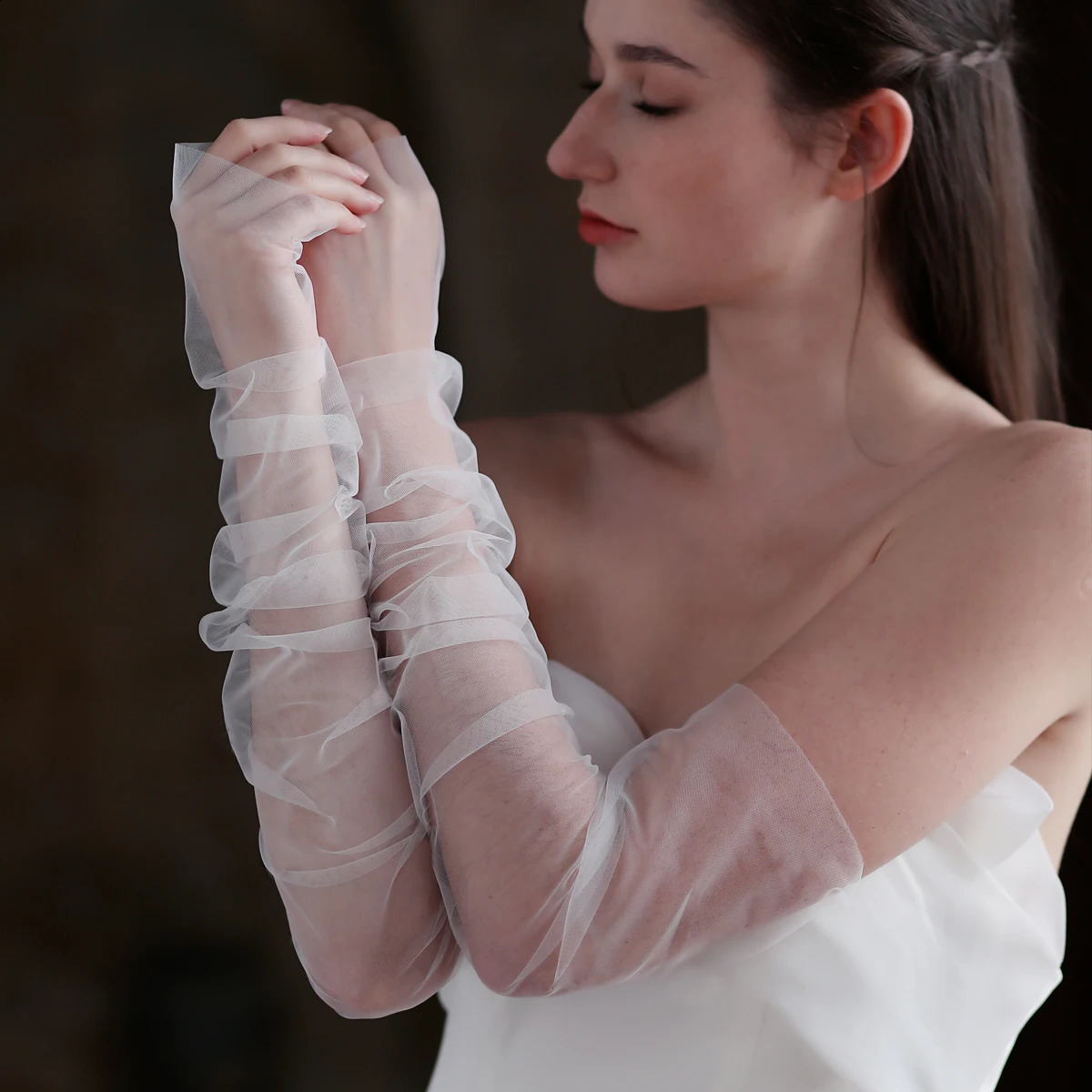 WG108 Elegant White Wedding Bridal Gloves Soft Tulle Long Opera Fingerless Women Pageant Prom Perform Gloves 250530