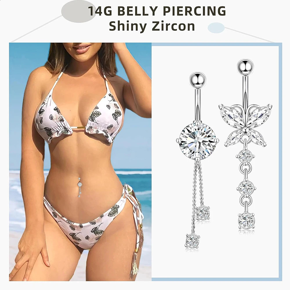 5pcs Pink Zircon Belly Button Ring Sets 14G Curved Tassel Chain Dangled Belly Piercing nombril Jewelry for Women Sexy Navel Ring 250530