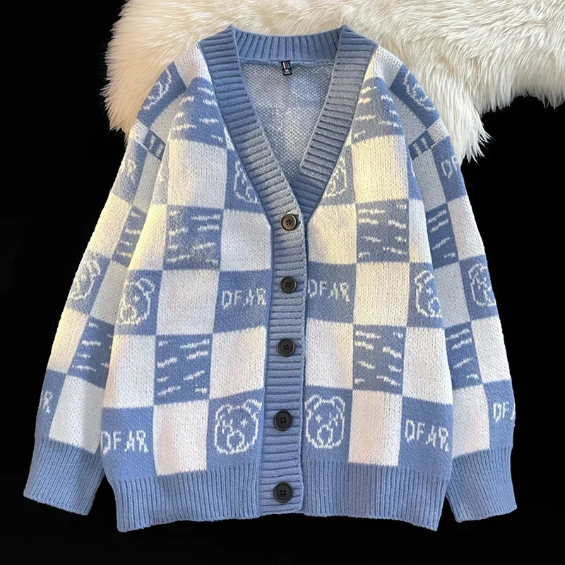 Mens Autumn Vneck Knitted Cardigan Plaid Cartoon Print Sweater Coat Men Comfortable Loose Casual 250528