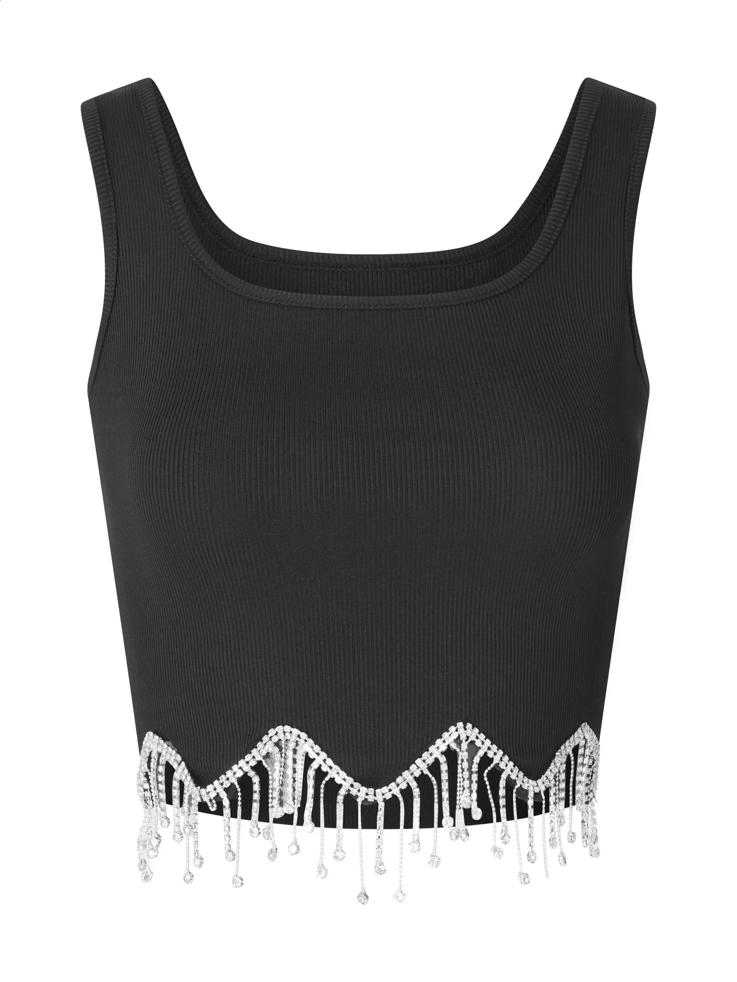 Women Camisole Sleeveless Square Neck Tasseled Rhinestones Fit Summer Tops for Party Club 250529
